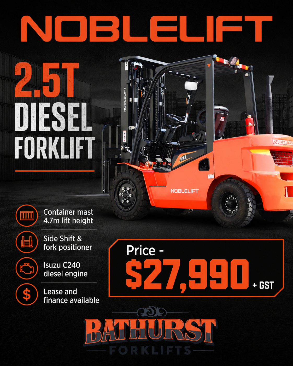 NobleLift 2.5T Diesel Forklift – Container Mast 4.7m